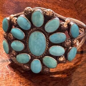 ROSE CASTILLO Native American Navajo Sterling & Cluster Turquoise Cuff Bracelet